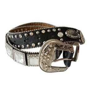 Atlas Western Leather Black Silver Bling Belt Cowgirl Cowboy Rodeo 27”-31” Waist